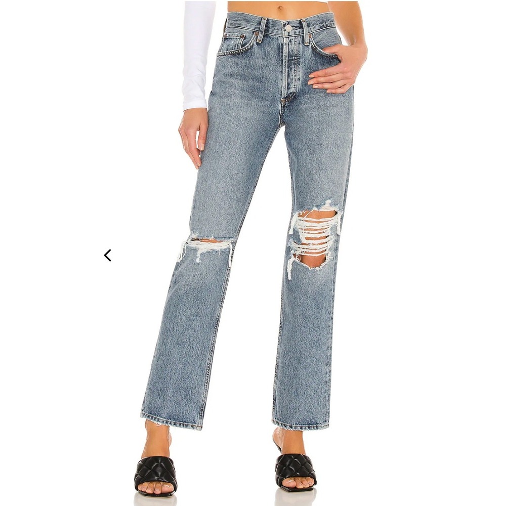 AGOLDE Lana Straight Button Fly Jeans Mid Rise Distressed Organic 27x31 $198